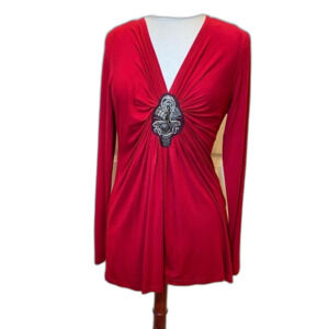 Y2K KarenKane Babydoll EmpireTunic Red Embellished V-neck Stretch NWOT XL USA